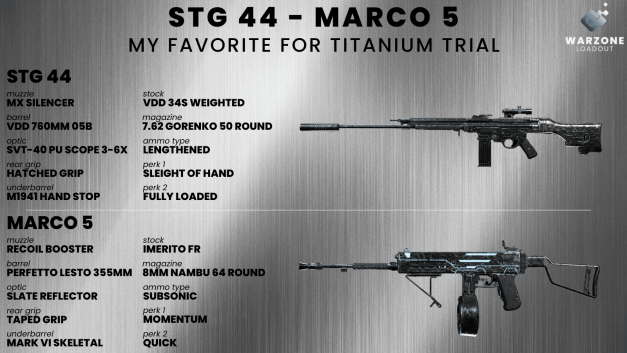 STG 44 and Marco 5 is my favorite loadout for Titanium Trial!